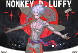 Rule 34 | 1boy, abs, absurdres, alternate form, character name, chinese commentary, cloud hair, cloudy.zy, commentary request, curly eyebrows, english text, facial scar, gear fifth, hat, highres, male focus, monkey d. luffy, one piece, open mouth, red eyes, scar, scar on cheek, scar on chest, scar on face, short hair, smile, solo, straw hat, teeth, topless male, white hair