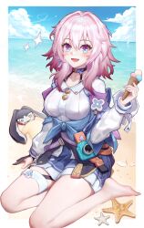 Rule 34 | 1girl, @ @, barefoot, beach, blue eyes, blue skirt, blue sky, blush, breasts, camera, cloud, commentary request, day, feet, fingerless gloves, food, gloves, hair between eyes, highres, holding, holding food, holding ice cream, honkai: star rail, honkai (series), ice cream, jacket, long hair, long sleeves, looking at viewer, march 7th (honkai: star rail), medium breasts, multicolored eyes, open mouth, outdoors, partial commentary, pink hair, pom-pom (honkai: star rail), purple eyes, revision, sand, shirt, single fingerless glove, sitting, skirt, sky, smile, sparkle, starfish, tied jacket, wangzili shitoumen, water, white shirt