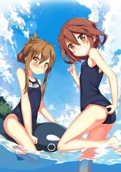 Rule 34 | 10s, 2girls, :d, :o, bad id, bad pixiv id, bare legs, bare shoulders, blue sky, blush, brown eyes, brown hair, day, folded ponytail, hair ornament, hairclip, highres, ikazuchi (kancolle), inazuma (kancolle), kantai collection, kantoku (style), kawai (purplrpouni), looking at viewer, multiple girls, one-piece swimsuit, open mouth, school swimsuit, short hair, sky, smile, swimsuit, wading