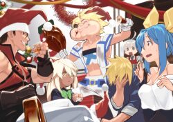 Rule 34 | 3boys, 3girls, ahoge, akisa yositake, alcohol, blonde hair, blue hair, breasts, brown hair, chicken (food), christmas, christmas ornaments, christmas tree, cup, dark-skinned female, dark skin, dizzy (guilty gear), elphelt valentine, eyepatch, family, father-in-law and son-in-law, father and son, food, fur-trimmed headwear, fur trim, grandfather and grandson, green eyes, guilty gear, guilty gear xrd, hair ribbon, hair rings, hat, highres, holding, holding cup, holding food, huge ahoge, husband and wife, ky kiske, long hair, long sleeves, looking at another, looking at viewer, medium breasts, mother and son, multiple boys, multiple girls, muscular, muscular male, pom pom (clothes), ramlethal valentine, red eyes, red headwear, ribbon, santa hat, short hair, siblings, sin kiske, sisters, smile, sol badguy, spiked hair, twintails, yellow eyes, yellow ribbon