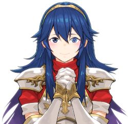 Rule 34 | 1girl, armor, blue eyes, blue hair, breastplate, caeda (fire emblem), caeda (fire emblem) (cosplay), closed mouth, cosplay, elbow gloves, fire emblem, fire emblem: mystery of the emblem, fire emblem awakening, gloves, own hands clasped, long hair, lucina (fire emblem), nintendo, own hands together, simple background, smile, solo, tiara, umaguti, upper body, white background, white gloves
