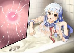Rule 34 | 10s, 1girl, angry, bathroom, bathtub, blue hair, blunt bangs, breasts, close-up, cross-section, cum, cum bath, cum in container, cum in pussy, cum on body, egg, facial, female focus, fertilization, impregnation, inaman, insemination, kantai collection, long hair, looking at viewer, murakumo (kancolle), nipples, open mouth, ovum, school uniform, see-through, serafuku, small breasts, solo, sperm cell, split screen