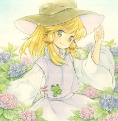 Rule 34 | 1girl, adjusting clothes, adjusting headwear, after rain, animal print, arm up, blonde hair, blue flower, bright pupils, brown hat, closed mouth, day, dew drop, floating hair, flower, frog print, gradient background, green eyes, hair ribbon, hand on headwear, hat, head tilt, hydrangea, japanese clothes, leaf, leaf print, long hair, long sleeves, looking at viewer, looking to the side, moriya suwako, outdoors, painting (medium), pale color, pink flower, purple flower, purple skirt, purple vest, red ribbon, ribbon, scenery, skirt, skirt set, smile, solo, tareme, touhou, traditional media, tress ribbon, turtleneck, upper body, vest, water drop, watercolor (medium), white sleeves, wide sleeves, yellow pupils, zuushii (zoosea)