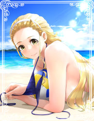 Rule 34 | 1girl, absurdres, ball, beach, bikini, blonde hair, blue bikini, blue sky, blush, border, breasts, closed mouth, cloud, cloudy sky, commentary, day, from side, girls und panzer, hair censor, hair pulled back, hairband, highres, lens flare, light blush, long hair, looking at viewer, lying, medium breasts, ocean, on stomach, oshiri seijin, outdoors, ponytail, sasaki akebi, sideboob, sky, smile, solo, sunlight, swimsuit, untied bikini, volleyball (object), white border, white hairband, yellow eyes