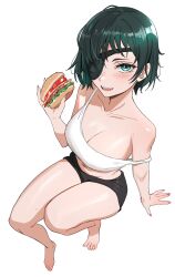 Rule 34 | 1girl, arm support, armpit crease, barefoot, black shorts, blue eyes, blush, breasts, burger, chainsaw man, cleavage, collarbone, commentary, eyelashes, eyepatch, feet, food, green hair, hair over one eye, hand up, highres, himeno (chainsaw man), holding, invisible chair, kiritzugu, large breasts, legs, medium hair, micro shorts, midriff, navel, open mouth, shiny skin, shorts, sidelocks, sitting, solo, strap slip, tank top, teeth, thighs, toenails, toes, upper teeth only, white background, white tank top