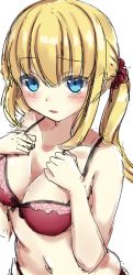 Rule 34 | 1girl, bad id, bad pixiv id, bare arms, bare shoulders, blonde hair, blue eyes, blush, bow, bow bra, bra, breasts, cleavage, collarbone, commentary request, hair between eyes, hair ornament, hair scrunchie, highres, long hair, looking at viewer, medium breasts, navel, original, panties, parted lips, red bra, red panties, red scrunchie, scrunchie, simple background, sketch, solo, takapii, twintails, underwear, underwear only, white background