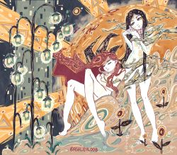 Rule 34 | 2girls, abstract background, art nouveau, ashleyloob, barefoot, black hair, closed mouth, closed eyes, flat color, flower, gustav klimt (style), highres, legs folded, long hair, multiple girls, muted color, nude, own hands together, patterned hair, red hair, sitting, standing, sun, surreal, twitter username