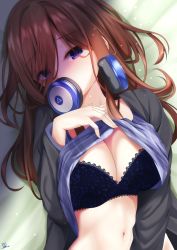 Rule 34 | 1girl, absurdres, black bra, blue eyes, bra, breasts, brown hair, brown jacket, cleavage, clothes lift, collarbone, eyes visible through hair, from below, go-toubun no hanayome, hair between eyes, headphones, headphones around neck, highres, jacket, kokomine, large breasts, lifted by self, long hair, looking at viewer, lying, midriff, nakano miku, navel, on back, open clothes, open jacket, shirt lift, signature, solo, stomach, underwear, upper body