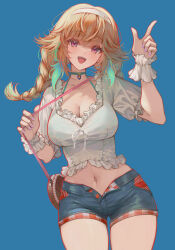 Rule 34 | 1girl, :d, absurdres, blue background, braid, breasts, cowboy shot, denim, denim shorts, hairband, highres, hololive, hololive english, ijac ray, index finger raised, large breasts, long hair, looking at viewer, midriff, navel, official alternate costume, official alternate hairstyle, open mouth, orange hair, purple eyes, short shorts, shorts, simple background, smile, solo, takanashi kiara, takanashi kiara (casual), twin braids, virtual youtuber
