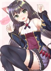 Rule 34 | 1girl, absurdres, animal ear fluff, animal ears, armpits, bare shoulders, black hair, cat ears, commentary request, detached sleeves, gem, green eyes, highres, karyl (princess connect!), long hair, long sleeves, low twintails, masa masa, multicolored hair, open mouth, princess connect!, simple background, solo, streaked hair, tail, thighhighs, twintails, very long hair, white hair