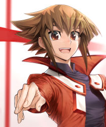 Rule 34 | 1boy, :d, black shirt, brown eyes, brown hair, duel academy uniform (yu-gi-oh! gx), hair between eyes, highres, jacket, looking at viewer, male focus, open clothes, open jacket, open mouth, outstretched arm, red jacket, shirt, smile, solo, ts422, upper body, yu-gi-oh!, yu-gi-oh! gx, yuki judai