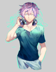 Rule 34 | blue eyes, blue shirt, closed mouth, commentary, copyright request, cowboy shot, cropped legs, grey background, grey pants, half-closed eye, hand in pocket, hand up, headphones, headphones around neck, looking at viewer, male focus, pants, pink hair, shirt, solo, yamakawa