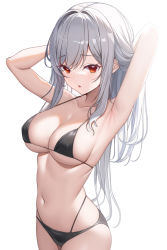 Rule 34 | 1girl, ai-assisted, arknights, armpits, arms up, bare arms, bare shoulders, bikini, black bikini, breasts, collarbone, commentary request, cow, grey hair, hair intakes, highres, large breasts, long hair, looking at viewer, navel, nid417, no headwear, parted lips, partial commentary, red eyes, sidelocks, simple background, skadi (arknights), solo, standing, stomach, swimsuit, very long hair, white background