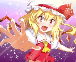 Rule 34 | 1girl, 422322, :d, ascot, bad id, bad pixiv id, blonde hair, blush, e.o., fang, female focus, flandre scarlet, hat, highres, open mouth, outstretched arms, outstretched hand, red eyes, ribbon, short hair, side ponytail, smile, solo, touhou, upper body, wide-eyed, wings