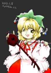 Rule 34 | 1girl, blonde hair, bow, bow (music), dated, erhu, female focus, hair ribbon, instrument, jewelry, lowres, official style, open mouth, parody, revision, ribbon, sakuragi rian, satsuki rin, short hair, signature, solo, style parody, third-party edit, touhou, yellow eyes, zun (style)