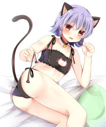 Rule 34 | 10s, 1girl, animal ears, bad id, bad pixiv id, bell, blush, brown eyes, cat cutout, cat ears, cat lingerie, cat tail, cleavage cutout, clothing cutout, fang, flat chest, jingle bell, kantai collection, looking at viewer, lying, masayo (gin no ame), md5 mismatch, meme attire, on side, open mouth, panties, paw pose, purple hair, short hair, side-tie panties, solo, tail, tama (kancolle), underwear, underwear only, untying, wavy mouth