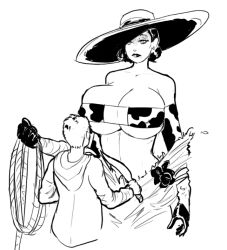 Rule 34 | 1boy, 1girl, alcina dimitrescu, animal print, bikini, breasts, cleavage, cow print, cowboy shot, cropped legs, curvy, dress, ethan winters, eyepatch bikini, flower, giant, giantess, gloves, hat, height difference, hetero, holding, holding rope, huge breasts, linea alba, lips, mature female, necrolepsy, resident evil, resident evil village, rope, simple background, standing, tall female, torn clothes, torn dress, underboob, white background
