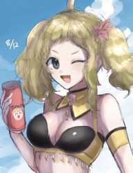 Rule 34 | 1girl, ;d, alternate costume, alternate hairstyle, bikini, blonde hair, breasts, cleavage, detached collar, fire emblem, fire emblem fates, grey eyes, highres, juice, leon0630claude, looking at viewer, medium breasts, nintendo, one eye closed, open mouth, ophelia (fire emblem), short bangs, smile, solo, swimsuit, tomato juice, twintails