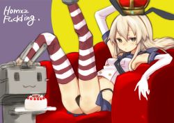 Rule 34 | 1girl, anchor hair ornament, black hairband, black neckerchief, black panties, blonde hair, blue sailor collar, cake, cameltoe, commentary request, couch, crop top, crown, elbow gloves, food, gloves, grey eyes, hair ornament, hairband, highleg, highleg panties, kantai collection, long hair, looking at viewer, microskirt, miniskirt, neckerchief, panties, pantyshot, puddinghomhom, rensouhou-chan, sailor collar, shimakaze (kancolle), sitting, skirt, solo, striped clothes, striped thighhighs, thighhighs, underwear, white gloves