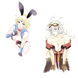 Rule 34 | bare shoulders, blue eyes, breasts, cleavage, closed mouth, collarbone, commentary request, cowboy shot, fingerless gloves, gloves, goggles, goggles on head, hair between eyes, highres, kuroi ani, large breasts, long hair, looking at viewer, multiple girls, project x zone 2, short hair, simple background, standing, urashima chizuru, white background, white hair