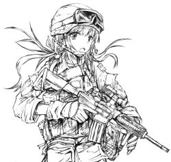 Rule 34 | 1girl, aimpoint, assault rifle, bad id, bad pixiv id, bae.c, boyogo, gloves, greyscale, gun, headset, helmet, holding, holding gun, holding weapon, long hair, looking at viewer, m4 carbine, magazine (weapon), military, monochrome, open mouth, original, rifle, solo, trigger discipline, twintails, vertical forward grip, weapon