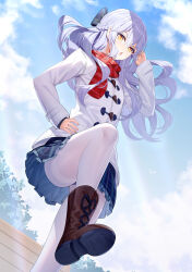 Rule 34 | 1girl, blue bow, blue skirt, blue sky, boots, bow, brown footwear, chestnut mouth, cloud, cloudy sky, coat, commentary request, cross-laced footwear, day, frilled skirt, frills, from below, grey hair, hair between eyes, hair bow, hand up, highres, lace-up boots, long hair, long sleeves, looking at viewer, looking down, original, outdoors, pantyhose, parted lips, plaid, plaid bow, plaid skirt, red scarf, ririko (zhuoyandesailaer), saegusa riko, scarf, shoe soles, skirt, sky, solo, standing, standing on one leg, striped clothes, striped scarf, thighband pantyhose, upskirt, very long hair, white coat, white pantyhose, yellow eyes