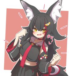 Rule 34 | 1girl, :d, absurdres, animal ear fluff, animal ears, black hair, black shirt, black skirt, black sleeves, blush, brown background, choker, commentary request, crop top, detached sleeves, fang, hair between eyes, highres, hololive, idaten93, long hair, long sleeves, looking at viewer, midriff, multicolored hair, ookami mio, ookami mio (1st costume), open mouth, outline, pleated skirt, red choker, red hair, sailor collar, shirt, skirt, smile, solo, streaked hair, tail, two-tone background, very long hair, virtual youtuber, white background, white outline, white sailor collar, wide sleeves, wolf ears, wolf girl, wolf tail, yellow eyes