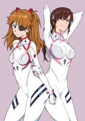 Rule 34 | 2girls, arms behind back, blue eyes, bodysuit, breasts, brown hair, cowboy shot, evangelion: 3.0+1.0 thrice upon a time, expressionless, eyepatch, glasses, hair between eyes, interface headset, long hair, looking at viewer, low twintails, makinami mari illustrious, medium breasts, multiple girls, neon genesis evangelion, pilot suit, plugsuit, rebuild of evangelion, red background, shiny clothes, skin tight, smile, souryuu asuka langley, twintails, two side up, very long hair, white bodysuit, wide hips