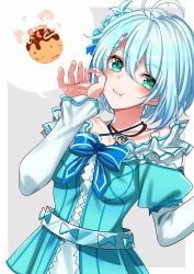 Rule 34 | .live, 1girl, :t, antenna hair, blue bow, blue eyes, blue hair, blue neckwear, blue ribbon, bow, breasts, collarbone, food, hair between eyes, hair ribbon, jewelry, long sleeves, looking at viewer, medium breasts, necklace, ribbon, short hair, dennou shoujo siro, solo, speech bubble, upper body, virtual youtuber, yodare (3yami8)
