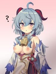 Rule 34 | 1girl, :o, ?, ahoge, bell, blue hair, blush, bow, breasts, chinese knot, detached sleeves, flower knot, ganyu (genshin impact), genshin impact, gold trim, gradient background, highres, horns, long hair, looking at viewer, medium breasts, neck bell, nipples, parted lips, purple eyes, renoana, sidelocks, solo, upper body, vision (genshin impact), white sleeves