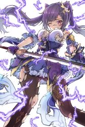 Rule 34 | 1girl, bare shoulders, breasts, clenched teeth, detached sleeves, dress, electricity, electrocution, genshin impact, gloves, hair ornament, hairpin, highres, keqing (genshin impact), large breasts, long hair, looking down, nean, one eye closed, pantyhose, purple dress, purple hair, red eyes, ryona, short dress, skindentation, skirt, solo, sweat, sword, teeth, torn clothes, torn pantyhose, twintails, very long hair, weapon, wince