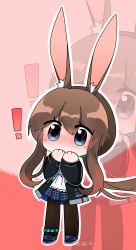 Rule 34 | !, 1girl, absurdres, amiya (arknights), animal ear fluff, animal ears, arknights, black jacket, black pantyhose, blue eyes, blue footwear, blue skirt, blush, brown hair, chibi, commentary request, full body, hair between eyes, hands up, highres, jacket, long hair, long sleeves, looking at viewer, low ponytail, nose blush, open clothes, open jacket, pantyhose, pleated skirt, ponytail, rabbit ears, shirt, shoes, skirt, solo, standing, tafanggouyaowo, very long hair, white shirt, zoom layer