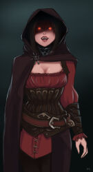 1girl belt black_corset black_hair black_pants breasts brown_belt brown_cloak brown_hood cleavage cloak corset glowing glowing_eyes gorget hood hooded_cloak looking_at_viewer medium_breasts open_mouth pants red_shirt roxy_rex serana shirt slit_pupils solo the_elder_scrolls the_elder_scrolls_v:_skyrim vambraces vampire