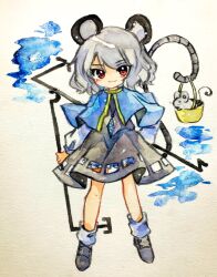 Rule 34 | 1girl, animal, animal ears, basket, blue capelet, bobby socks, capelet, closed mouth, dowsing rod, dress, full body, grey dress, grey footwear, grey hair, highres, holding, holding basket, holding with tail, key747h, legs apart, long sleeves, looking at viewer, medium hair, mouse, mouse ears, mouse girl, mouse tail, nazrin, painting (medium), prehensile tail, red eyes, shoes, short dress, smile, socks, solo, standing, straight-on, tail, touhou, traditional media, watercolor (medium), white background, white socks