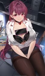 Rule 34 | 1girl, breasts, cellphone, choker, cleavage, collared shirt, crotch seam, damda, fate/grand order, fate (series), hair intakes, highres, large breasts, long hair, looking at viewer, object on breast, office, office lady, open clothes, open shirt, panties, panties under pantyhose, pantyhose, pencil skirt, phone, purple hair, red eyes, scathach (fate), shirt, skirt, smartphone, solo, underwear