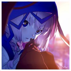 Rule 34 | 1girl, blue eyes, blurry, blurry background, blush, border, braid, commentary, depth of field, gloves, highres, hood, hood up, hooded jacket, hoodie, jacket, kaf (kamitsubaki studio), kamitsubaki studio, long hair, long sleeves, looking at viewer, low twin braids, multicolored eyes, parted lips, pink hair, red eyes, signature, solo, twin braids, virtual youtuber, white border, yellow eyes, yoneyama mai
