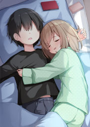 Rule 34 | 1boy, 1girl, :d, bed, black hair, black pants, black shirt, blush, brown hair, childhood friend (ominaeshi), closed eyes, commentary request, drawstring, faceless, faceless male, green pajamas, green pants, hetero, highres, long sleeves, lying, ominaeshi (takenoko), on back, on side, open mouth, original, pajamas, pants, pillow, polka dot, polka dot pajamas, polka dot pants, polka dot shirt, shirt, sleeves past wrists, smile, under covers