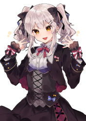 Rule 34 | 1girl, :d, black bow, black jacket, black skirt, blue bow, blue nails, blush, bow, breasts, brown eyes, collared shirt, commentary request, dress shirt, grey hair, grey shirt, hair bow, hair ornament, hairclip, hands up, highres, ikeuchi tanuma, jacket, long sleeves, multicolored nails, nail polish, open clothes, open jacket, open mouth, original, red nails, shirt, simple background, skirt, small breasts, smile, solo, star (symbol), striped, striped bow, twintails, twitter username, v-shaped eyebrows, white background, wrist cuffs