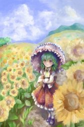 Rule 34 | 1girl, artist name, ascot, bad id, bad pixiv id, blue sky, brown footwear, cloud, day, flower, frilled skirt, frills, from above, full body, garden of the sun, green hair, hair between eyes, highres, hill, holding, holding umbrella, kazami yuuka, loafers, long sleeves, looking away, looking up, mountain, nagayo, open clothes, open vest, outdoors, pantyhose, plaid, plaid skirt, plaid vest, red eyes, scenery, shirt, shoes, short hair, skirt, sky, smile, solo, standing, summer, sunflower, touhou, umbrella, untucked shirt, vest, white pantyhose, white shirt, yellow ascot
