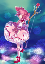 Rule 34 | 10s, 1girl, bad id, bad pixiv id, blush, bow, bow (weapon), bubble skirt, choker, dress, flower, gloves, hair bow, hair ribbon, kaname madoka, kneehighs, magical girl, mahou shoujo madoka magica, mahou shoujo madoka magica (anime), musukichi, pink eyes, pink hair, red eyes, ribbon, ribbon choker, ripples, rose, short twintails, skirt, socks, solo, twintails, weapon