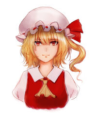 Rule 34 | 1girl, breasts, collared shirt, cropped torso, flandre scarlet, hair between eyes, hat, hat ribbon, iothree7, looking at viewer, medium hair, one side up, puffy short sleeves, puffy sleeves, red eyes, red ribbon, red vest, ribbon, ribbon-trimmed headwear, ribbon trim, shirt, short sleeves, simple background, small breasts, solo, touhou, upper body, vest, white background, white hat, white shirt