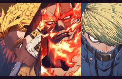 Rule 34 | 3boys, beard, belt, belt buckle, belt collar, best jeanist, black belt, blonde hair, blue eyes, blue shirt, boku no hero academia, buckle, buttons, closed mouth, collar, column lineup, commentary, covered mouth, denim, denim shirt, endeavor (boku no hero academia), expressionless, facial hair, facial mark, feathered wings, film grain, fire, forked eyebrows, fur trim, furrowed brow, green eyes, hair over one eye, hair slicked back, hawks (boku no hero academia), head down, head tilt, headphones, high collar, highres, jitome, letterboxed, looking at viewer, male focus, mature male, messy hair, multiple boys, natsu doli, nose, portrait, profile, red hair, red wings, sanpaku, scar, scar across eye, scar on face, scar on mouth, shirt, short hair, stubble, swept bangs, triangle, tsurime, wings, yellow eyes, zipper