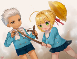Rule 34 | 1boy, 1girl, :d, aged down, archer (fate), artoria pendragon (all), artoria pendragon (fate), black shorts, black skirt, blonde hair, blunt bangs, bokken, brown background, child, fate/stay night, fate (series), gradient background, green eyes, hair bun, hair intakes, hat, holding, holding sword, holding weapon, kindergarten uniform, miniskirt, naomi (fantasia), nero claudius (fate), nero claudius (fate) (all), nero claudius (fate/extra), open mouth, saber (fate), shorts, single hair bun, skirt, slingshot (weapon), smile, spiked hair, standing, sword, unsheathed, unworn hat, unworn headwear, v-shaped eyebrows, weapon, wooden sword, yellow hat