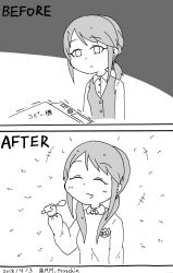 Rule 34 | 1girl, 2koma, artist request, before and after, closed eyes, comic, empty eyes, expressionless, greyscale, happy, highres, idolmaster, idolmaster cinderella girls, kindergarten uniform, mifune miyu, monochrome, multiple views, name tag, photocopier, ponytail, shirt, simple background, smile, spoon, twintails, vest, white shirt