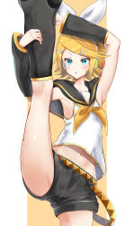 Rule 34 | 1girl, absurdres, armpits, bad id, bad pixiv id, bare shoulders, belt, black sailor collar, black shorts, blonde hair, blue eyes, blush, bow, collarbone, commentary, crop top, detached sleeves, flat chest, flexible, groin, hair bow, hair ornament, hairclip, headset, highres, itogari, kagamine rin, kneepits, leg hold, leg warmers, midriff, navel, neckerchief, orange background, parted lips, sailor collar, shirt, short hair, short shorts, shorts, sidelocks, simple background, sleeveless, sleeveless shirt, solo, split, standing, standing on one leg, standing split, swept bangs, treble clef, two-tone background, vocaloid, white background, white shirt, yellow belt, yellow neckerchief