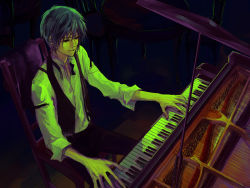 Rule 34 | 1boy, bad id, bad pixiv id, blue eyes, blue hair, formal, grand piano, instrument, kaito (vocaloid), male focus, matching hair/eyes, nr, nr (takeno), piano, short hair, sitting, solo, suit, vocaloid