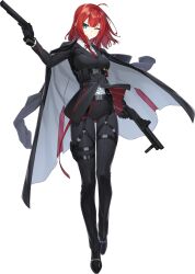 Rule 34 | 1girl, absurdres, blue eyes, blunt bangs, business suit, character request, coat, coat on shoulders, counter:side, dual wielding, fingerless gloves, formal, full body, gloves, gun, highres, holding, holding gun, holding weapon, one eye closed, red hair, short hair, simple background, solo, suit, tachi-e, weapon