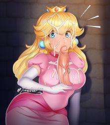 Rule 34 | 1girl, arm at side, artist name, blonde hair, blue eyes, breasts, brooch, crown, cum, cum on body, cum on breasts, cum on clothes, cum on hair, cum on upper body, disembodied penis, dress, earrings, elbow gloves, erection, eyelashes, facial, fellatio, gloves, highres, jewelry, large breasts, large penis, lips, long hair, looking at viewer, mario (series), nintendo, notice lines, oral, penis, pink dress, pink lips, princess peach, puffy short sleeves, puffy sleeves, shadow, shiny skin, short sleeves, sidelocks, solo focus, super mario bros. 1, thick eyebrows, thick lips, timeless-t, twitter username, uncensored, veins, veiny penis, white gloves