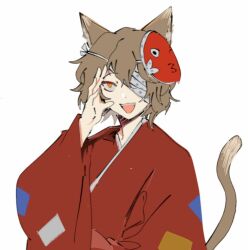Rule 34 | 1other, ametsukana yago, androgynous, animal ears, arm up, bandage over one eye, cat ears, cat tail, cocopalm, kemonomimi mode, len&#039;en, long sleeves, mask, mask on head, open mouth, orange eyes, other focus, sanpaku, short hair, simple background, smile, solo, tail, upper body, white background, wide sleeves