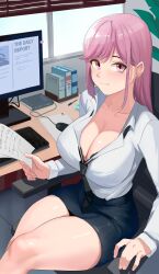 Rule 34 | 1girl, aoshiseven, black necktie, blue skirt, book, bra, bra peek, breasts, chair, cleavage, closed mouth, collared shirt, commentary, commission, dress shirt, earrings, english commentary, english text, feet out of frame, highres, holding, holding paper, indoors, jewelry, computer keyboard, large breasts, light blush, light smile, long hair, long sleeves, looking at viewer, loose necktie, monitor, computer mouse, necktie, office chair, office lady, on chair, original, paper, partially unbuttoned, pen, pencil skirt, pink eyes, pink hair, plant, shirt, shirt tucked in, sitting, skirt, solo, stud earrings, swept bangs, swivel chair, thighs, underwear, window, window blinds